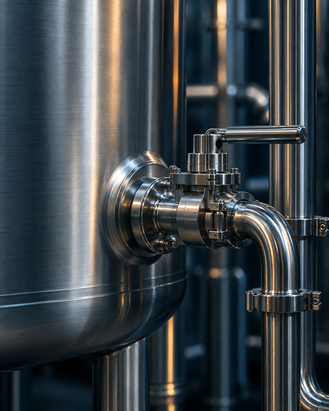 Close-up of stainless-steel processing vessels and sanitary pipework